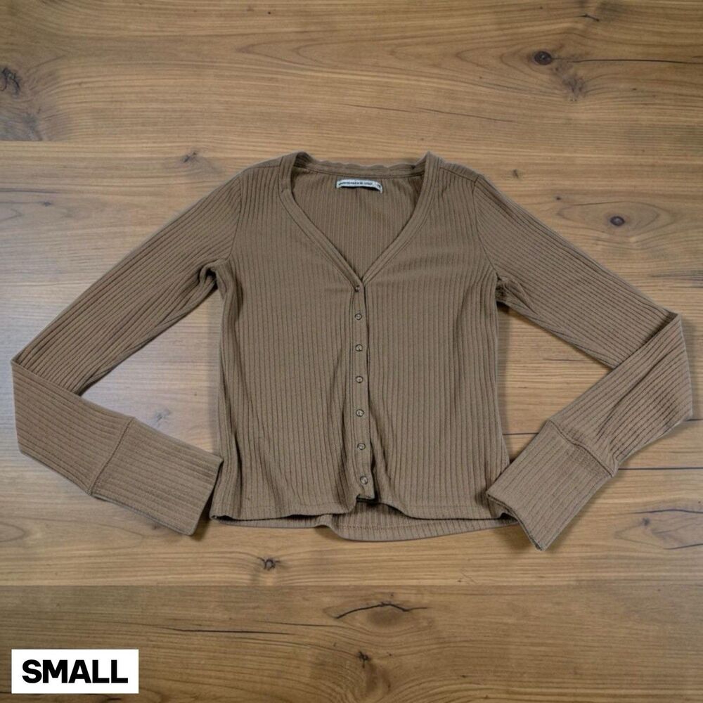 Y2K Abercrombie & Fitch Top Shirt Woman's SMALL Brown Ribbed Knit Long Sleeve